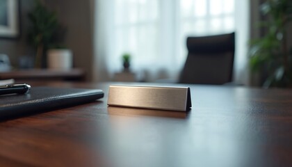 Naklejka premium Brushed metal nameplate sits on polished wood desk. Black leather notebook and pen rest nearby. Office chair and plant visible in soft background blur.