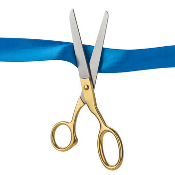 Gold scissors cutting a blue ribbon &mdash; ceremonial ribbon cutting close-up on white background