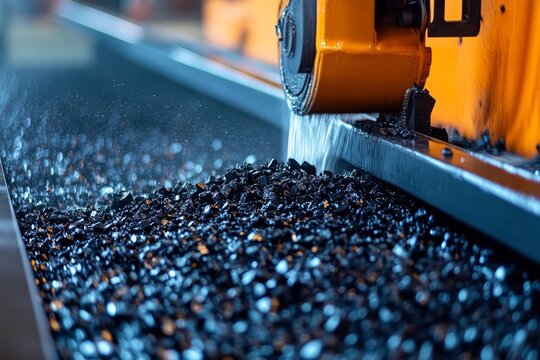 selective focus rubber being shredded and turned into pellets in tire recycling factory
