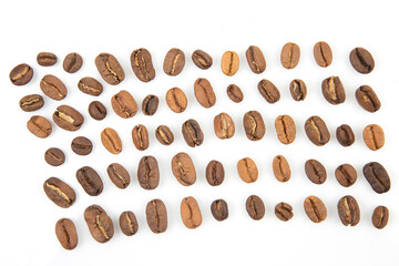 Obraz premium Different types of coffee beans arranged in neat rows on a white surface for display and comparison