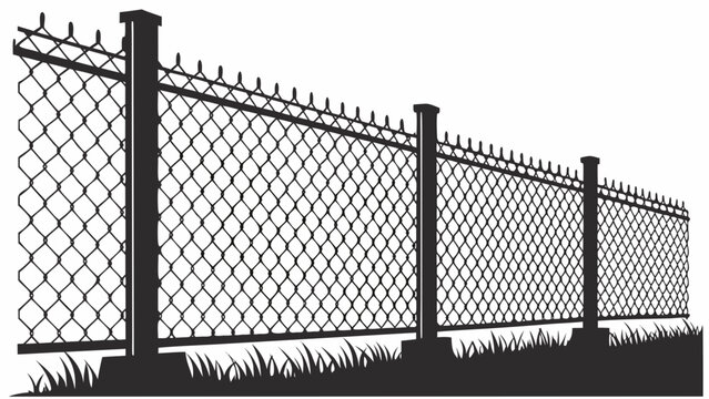 Black and white chain link fence with spiked tops and grass, secure property boundary illustration