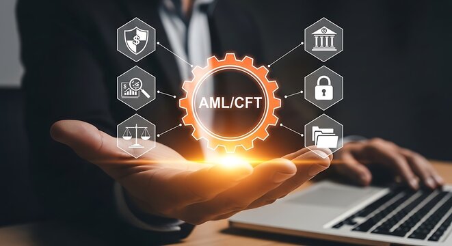 Businessman holding hand with A M L C F T and laptop in background anti-money laundering combating the financing of terrorism