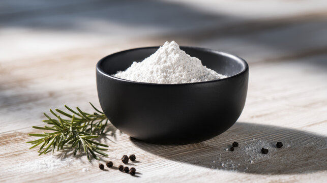 A minimalist matte black ceramic bowl filled with white flour on a light oak wood surface, with sprig of fresh rosemary, soft, cool-toned morning light, scandinavian interior 