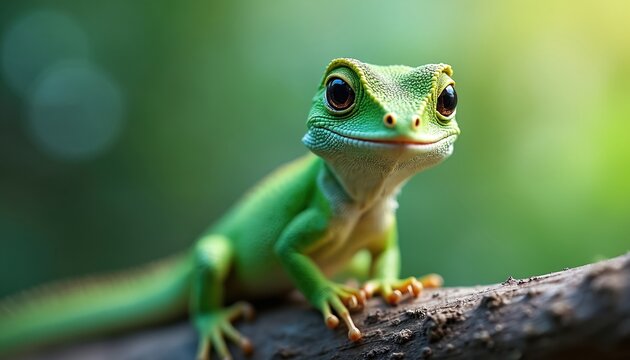 Green gecko sits on tree branch. Small reptile looks at camera with big eyes. Cute lizard on mossy wood with blurred green background. Sunny day.