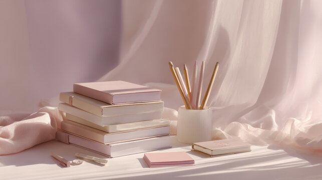 A minimalist desk in a very pale dusty rose tone. Several slim notebooks in pastel shades, a white ceramic pen holder with a few colored pencils, and a small stack of blank cards
