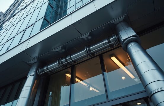 Building foundation seismic control system. Metallic cylinders on modern skyscraper exterior. Dampers absorb vibration protecting structure from earthquake damage.