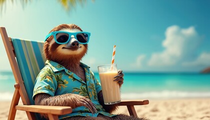 Obraz premium Sloth wears sunglasses and aloha shirt on beach chair holding drink. Tropical ocean waves and blue sky create a paradise vacation scene. Animal enjoys cool beverage.