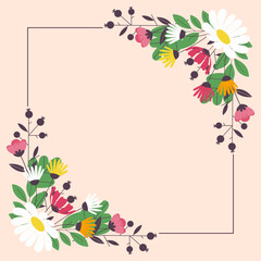 Fototapeta premium A colorful floral border with pink, yellow, and white flowers on a peach background