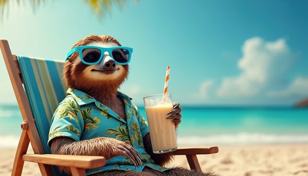 Sloth wears sunglasses and aloha shirt on beach chair holding drink. Tropical ocean waves and blue sky create a paradise vacation scene. Animal enjoys cool beverage.