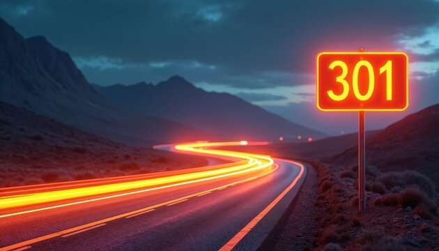 Road sign with number 301 indicates a new path on a winding highway at dusk. Light trails from passing vehicles streak the road. Mountains are visible in the background.