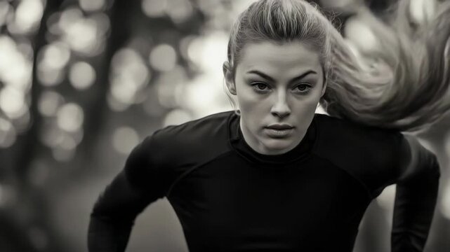 This is a female athlete running outdoors at night.