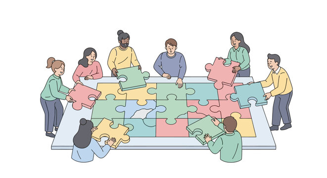 Diverse group working on puzzle pieces.