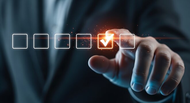 Hand selecting option with checkmark on digital interface finger checkboxes