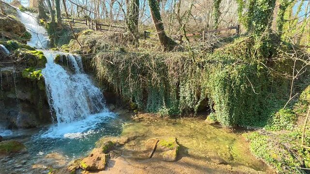 Forest Waterfall to Turquoise Stream &ndash; Slow Follow Pan. Ozren Mountain, Sokobanja region. Balkans, Serbia.