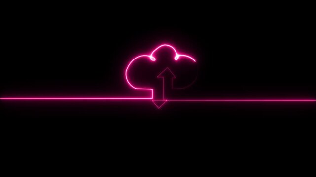 Neon pink cloud with arrows uploading and downloading data on black background with horizontal line