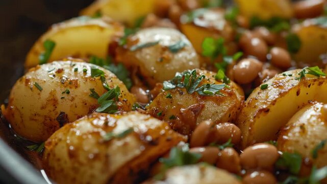 Slow-cooked potatoes, beans and herbs in a flavorful sauce, ready for serving.