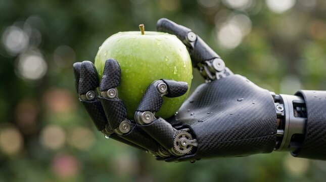 Robotic bionic hand holding a green apple
