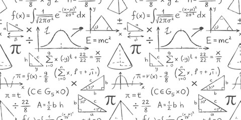 Fototapeta premium Seamless pattern with hand drawn mathematical formulas and geometric shapes on white background vector illustration