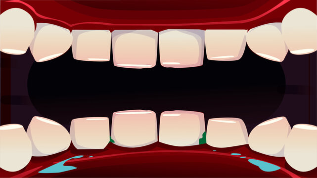 Cartoon illustration teeth and gums, viewed from inside the oral cavity. Detailed depiction of dental structure with saliva and slight plaque buildup