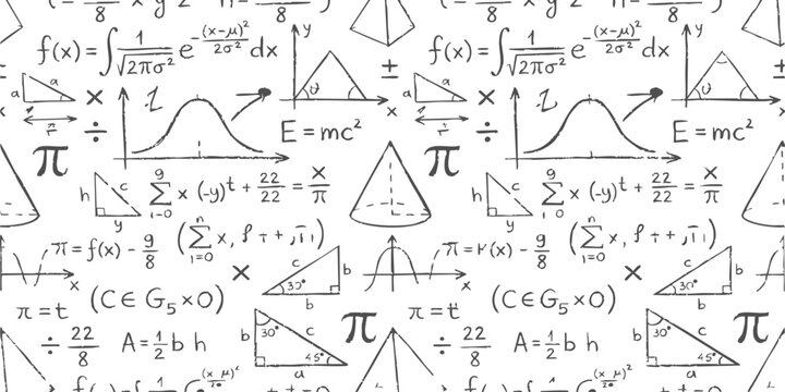 Seamless pattern with hand drawn mathematical formulas and geometric shapes on white background vector illustration