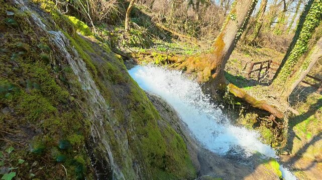 Top Down View of Forest Waterfall With Green Moss. Ozren Mountain, Sokobanja region. Balkans, Serbia.