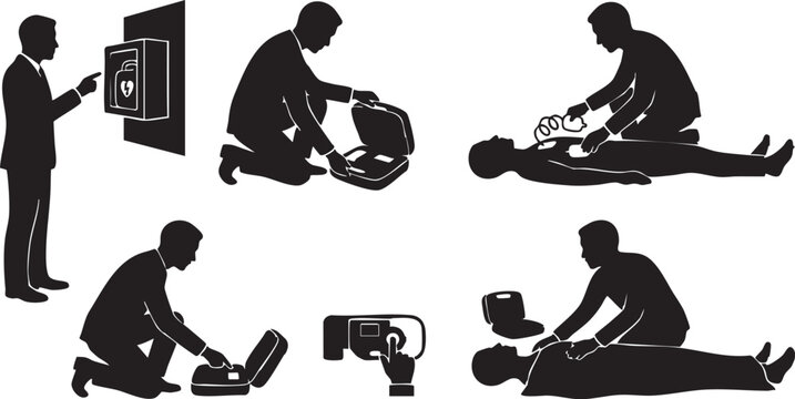 Automated External Defibrillator AED Usage Silhouette Set Emergency First Aid and CPR Life Saving Icons