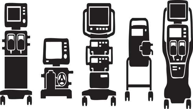 ECMO Console Silhouette Icon Set; Extracorporeal Membrane Oxygenation Vector Illustrations