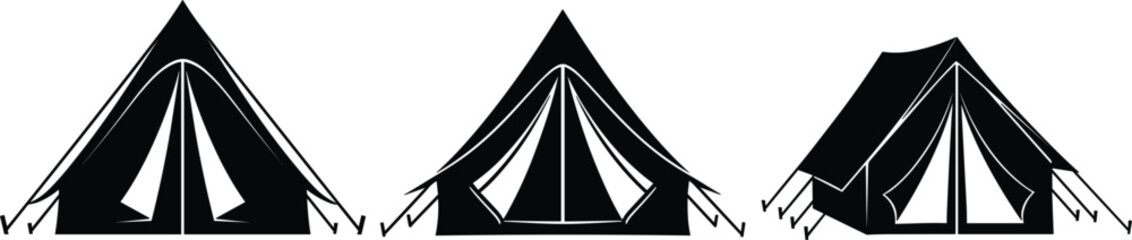 Camping tent silhouette vector set with different outdoor shelter shapes, travel and adventure equipment icons, minimalist black campsite elements isolated on white background. © Dipali