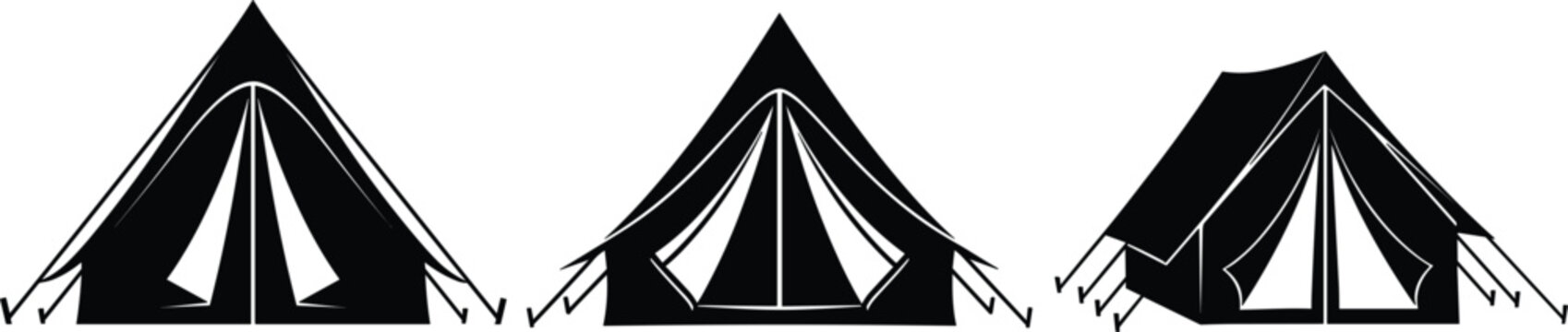 Camping tent silhouette vector set with different outdoor shelter shapes, travel and adventure equipment icons, minimalist black campsite elements isolated on white background.