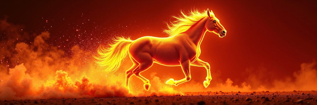 Fiery horse racing across blazing landscape with vibrant flames and smoke surrounding. This magnificent horse brings an epic energy, embodying movement and vitality in extraordinary visual display.