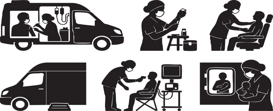 Mobile vaccination clinic silhouettes set featuring medical van outreach with healthcare professionals administering vaccines and patient health screenings