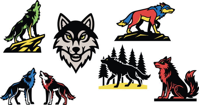 Colorful wolf mascot pack with howling pair and central head crest flat design