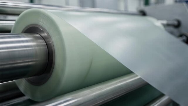 Partial biobased polymer film being rolled on industrial equipment focusing on blending renewable materials with traditional polymers for greener products.