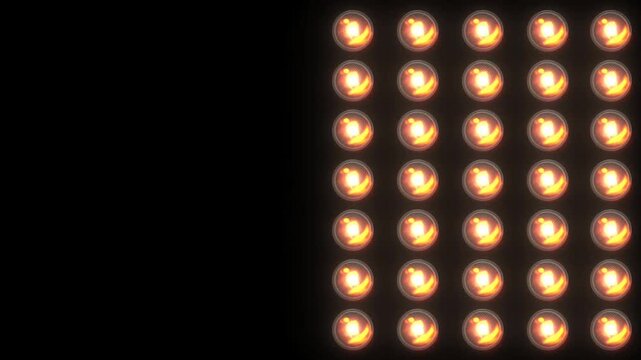 Dynamic Concert Light Transitions: Rhythmic Gold Bulb Patterns and Snake-Style Wipes on Black Background for VJ Loops and Event Visuals