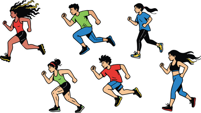 Colorful flat cartoon runners in varied poses showing motion and athletic stride