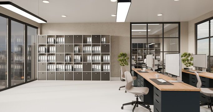 3D Modern office workspace with computer desks, blank monitor screens, shelves with files, and glass meeting room in clean minimalist interior.