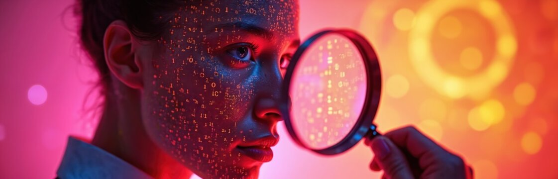 Woman analyzes binary code on face with magnifying glass. Digital information streams across her skin. Data privacy and cyber security research.