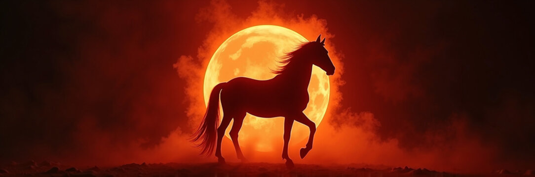 Majestic horse silhouette against vibrant sunset with glowing sun in background. Horse captures attention with dramatic posture and fiery atmosphere, creating striking visual for equine enthusiasts.