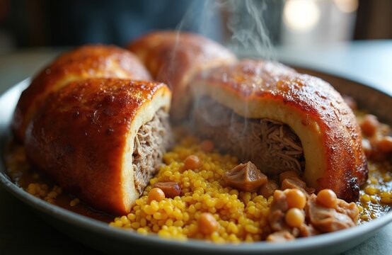 Colombian lechona dish, roasted pig stuffed with rice, peas. Features crispy pork skin, served on bed of yellow rice, chickpeas. Dish steaming, indicating freshly prepared, ready to eat.