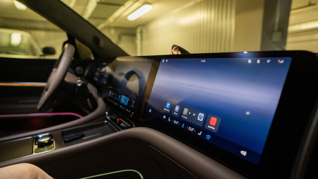 Modern car interior with touch screens. 