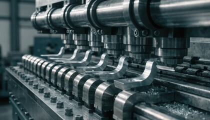 Naklejka premium Closeup medium shot highlighting segmented tooling on a press brake shaping multiple small metal brackets with high precision.
