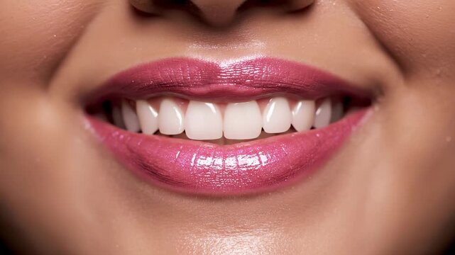Close-up of beautiful lips and smile. Woman displays glossy lips with vibrant lipstick. Natural light highlights healthy smile and confidence. Beauty and charm captured in effortless expression.