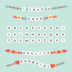 Show business friendship bracelet theme alphabet. Vector letters colorful friend beads pattern arts and crafts lettering design spell your name alphabet poster with colorful letters on teal © Pasta La Vista