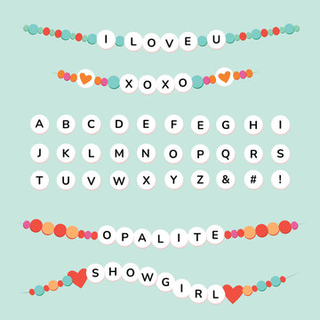 Show business friendship bracelet theme alphabet. Vector letters colorful friend beads pattern arts and crafts lettering design spell your name alphabet poster with colorful letters on teal
