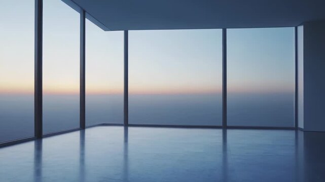 Empty minimalist room featuring large floor to ceiling windows, reflecting a serene sunset sky over a calm ocean, creating a peaceful and expansive atmosphere