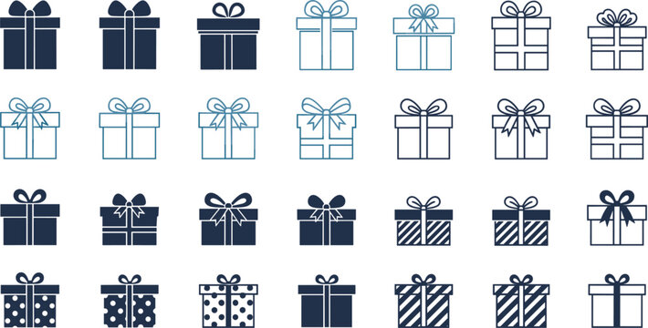 Gift box vector icon set with ribbon and bow designs, outline and solid present symbols collection, festive packaging elements isolated on white background.