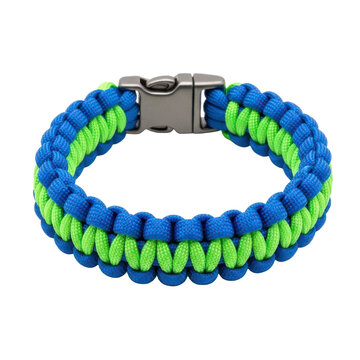A vibrant blue and green paracord bracelet with a metal buckle on transparent background