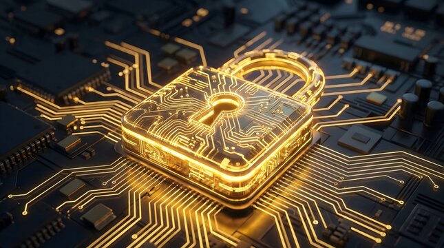 A glowing golden 3D holographic padlock hovering above a futuristic computer motherboard