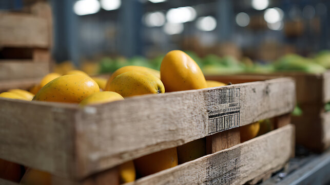 Fresh produce transport: Vibrant yellow tropical fruit in rustic wooden crates, ready for market distribution in a blurred warehouse setting, close up