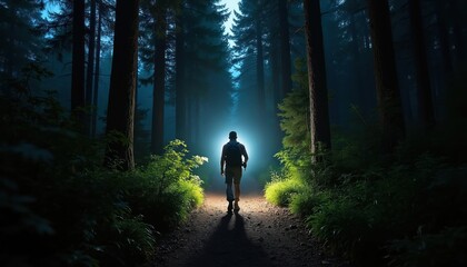 Obraz premium Man walks on dirt path through dark forest at night. Backpacker uses flashlight creating light beam on trail. Hiking adventure through woods with glowing plants.